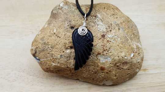 Black Obsidian angel wing pendant